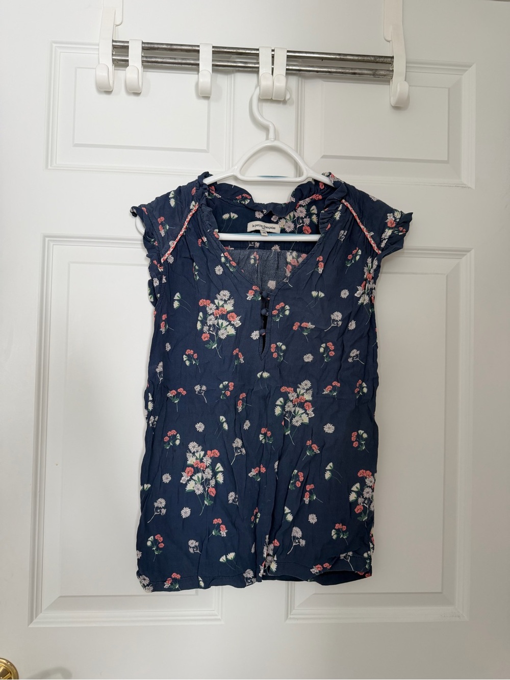 Women's Navy Floral Cap-Sleeve Button Front Blouse